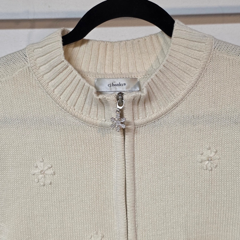 CJ Banks Ivory Knit Zip Vest Winter Tree Snowflake Sequin Hand Embroider Plus 1X - Picture 9 of 14